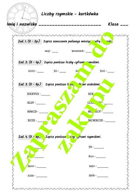 Liczby rzymskie - kartkówka, karta pracy