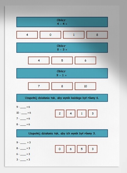 Odejmowanie w zakresie do 10. Karta pracy. Sprawdzian