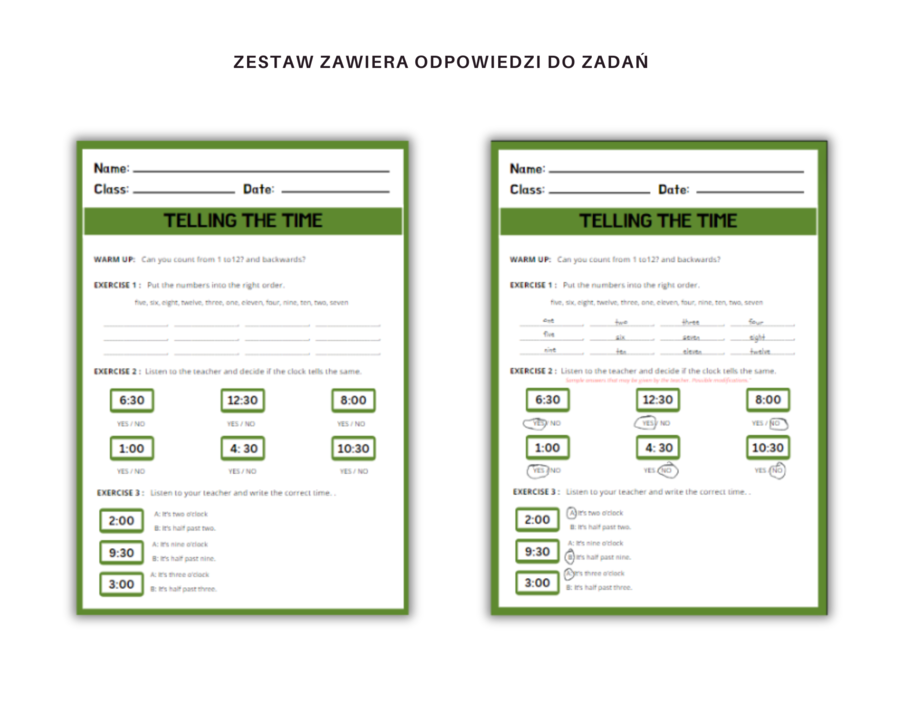 Telling the time - karta pracy, ćwiczenia, nauka czasu, podawanie godziny, język angielski, godziny pełne, półpełne, o'clock, half past. Dodatkowo mini karty obrazkowe i ze zdaniami, memory