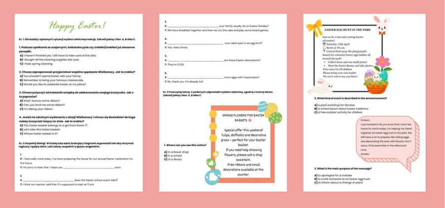 Egzamin 8-klasisty – EASTER  LESSON | Zestaw zadań egzaminacyjnych do e8: reakcje, dialogi, czytanie, tłumaczenia, e-mail + klucz odpowiedzi! (Poziom A2-B1, Wielkanoc)