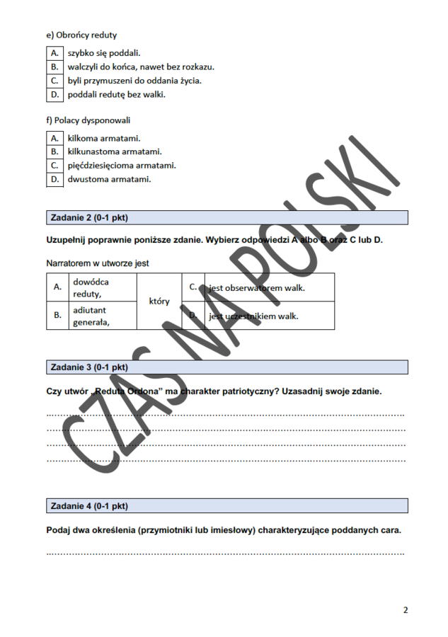 "Reduta Ordona" – test czytania ze zrozumieniem