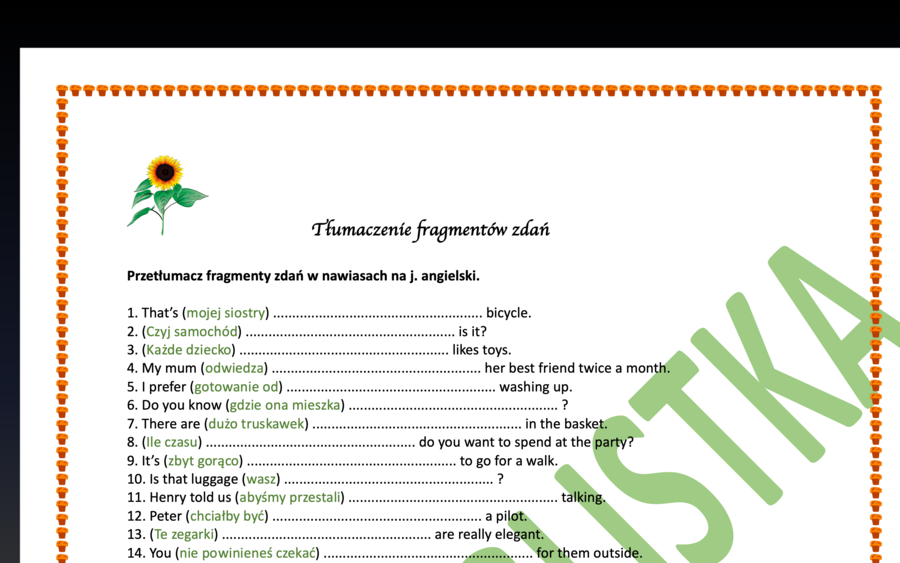 Tłumaczenie fragmentów zdań- mega powtórka- AŻ 100 zdań z kluczem!!!- egzamin ósmoklasisty/ matura