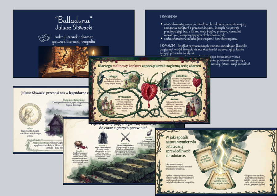 🎭DRAMAT na egzaminie - Zemsta - Balladyna - Dziady cz. II + teoria - prezentacja multimedialna(24 slajdy)