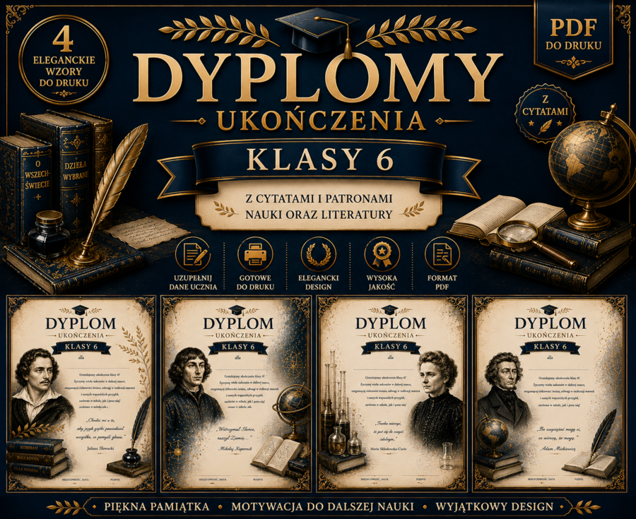 🏛️ Dyplomy ukończenia klasy 6 – kolekcja premium z cytatami i patronami nauki oraz literatury