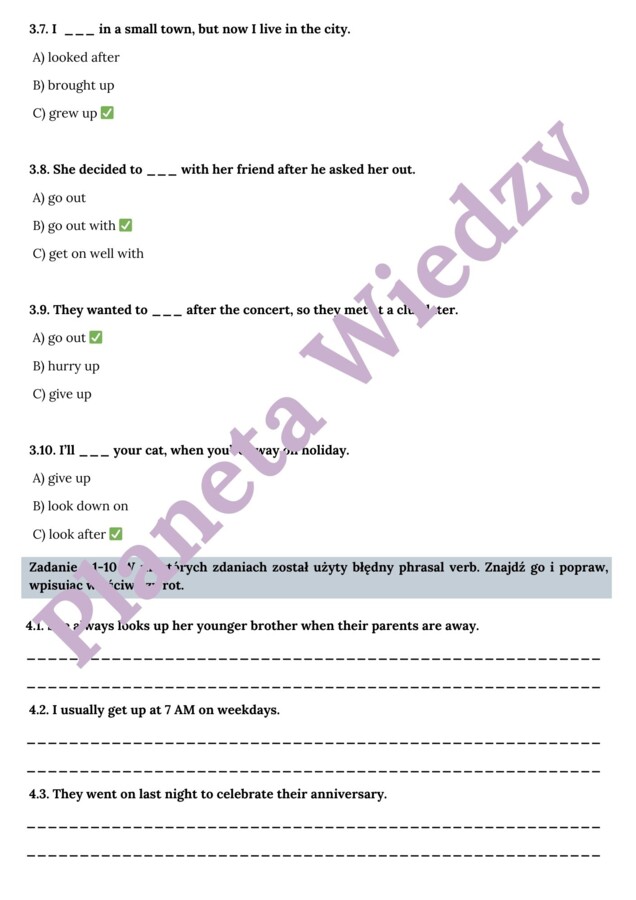 PHRASAL VERBS PART 1– Zbiór zadań do egzaminu ósmoklasisty z języka angielskiego. Poziom A2/A2+ – uzupełnienie luk w tekstach, układanie historii, użycie phrasal verbs w codziennym życiu