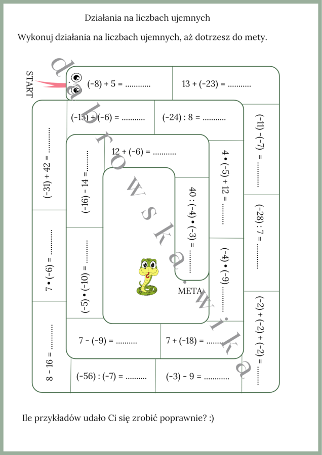Liczby ujemne - wąż matematyczny