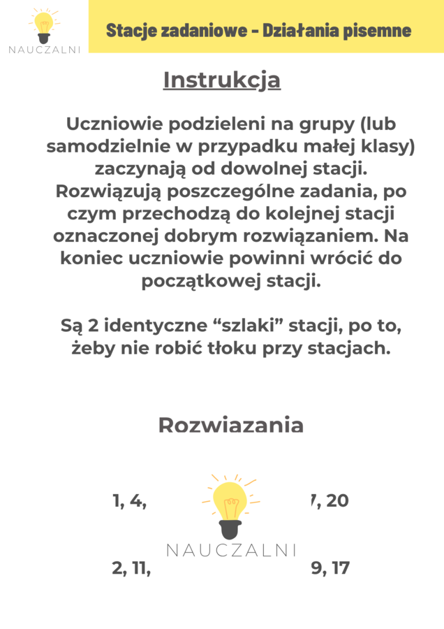 Stacje zadaniowe - Działania pisemne, podzielność liczb Nauczalni kl 5 6