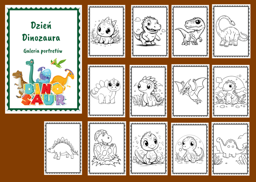 DZIEŃ DINOZAURA – Galeria portretów – kolorowanka – kolorowanki – biblioteka – świetlica – przedszkole – 27 wersji