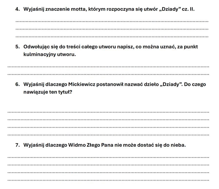 "Dziady" cz. II - kartkówka z treści i problematyki