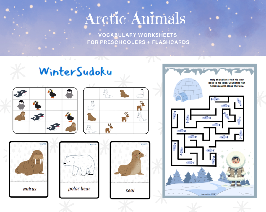 Winter Artic Animals Worksheet Set + Flashcards- zwierzęta arktyczne, karty pracy dla przedszkolaka, ucznia zerówki przedszkolnej, I spy, sudoku, labirynt, karty obrazkowe , język angielski