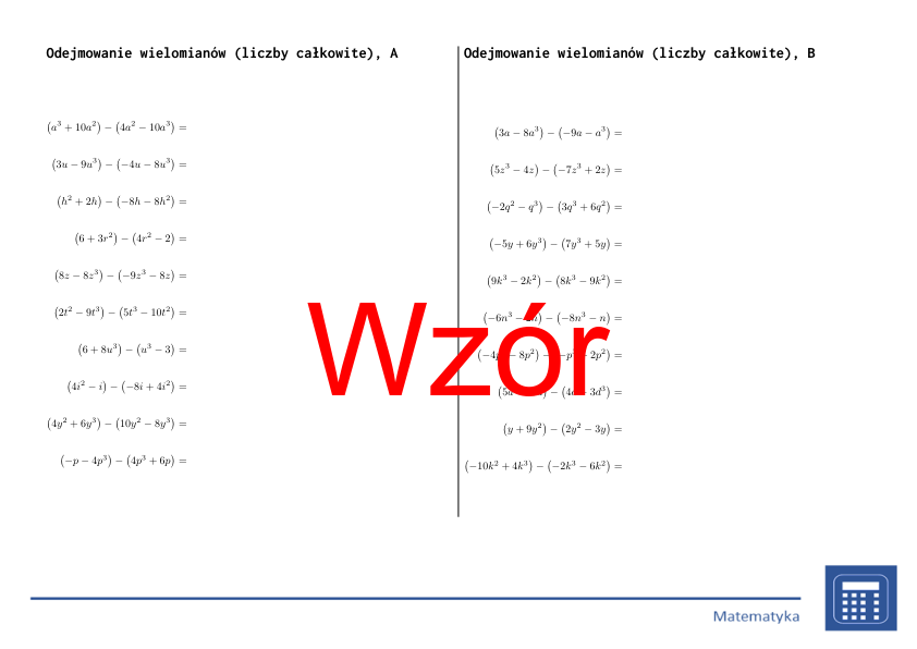 Odejmowanie wielomianów (liczby całkowite) | matematyka, algebra | 26 kolumn