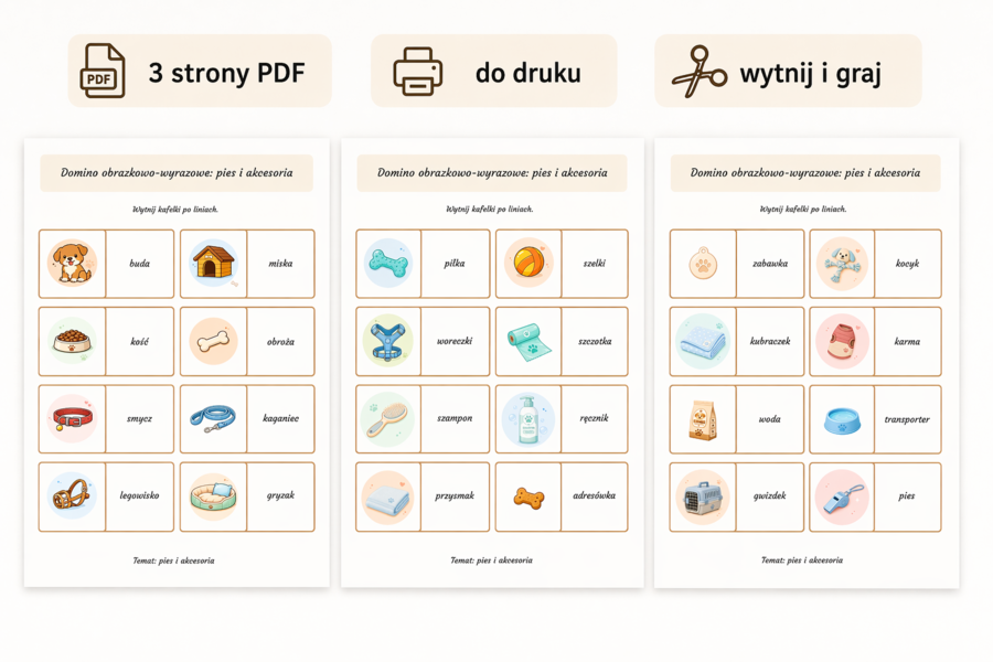 Domino obrazkowo-wyrazowe: pies i akcesoria