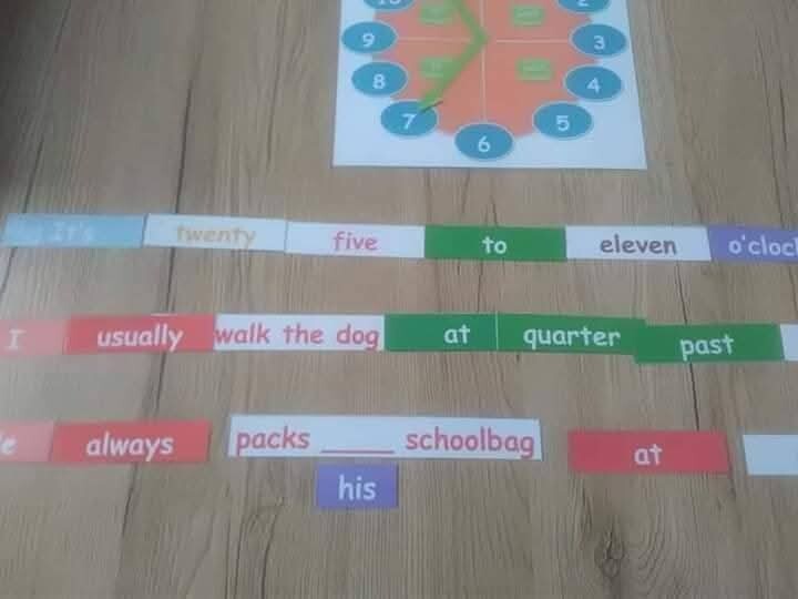 Zestaw do nauki godzin I mówienia o czynnościach codziennych  w języku angielskim.