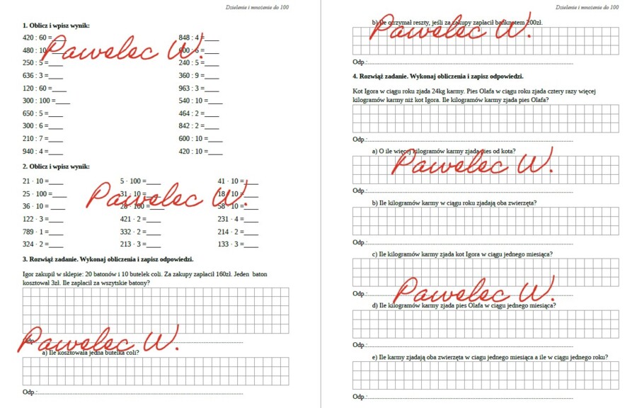 Dzielenie i mnożenie w zakresie 100 - karta pracy, sprawdzian, przykłady + zadania tekstowe - kl. 3, kl. 4