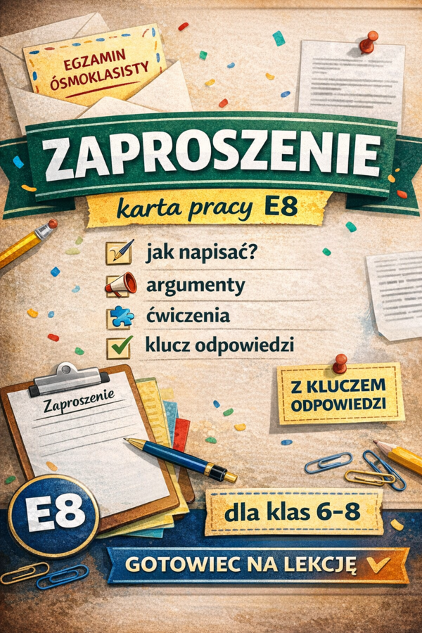 Zaproszenie – karta pracy E8 | jak napisać + argumenty + ćwiczenia + klucz