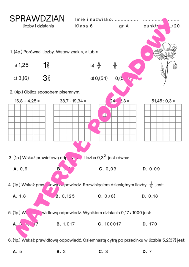 Sprawdzian. Liczby i działania. Klasa 6. GWO