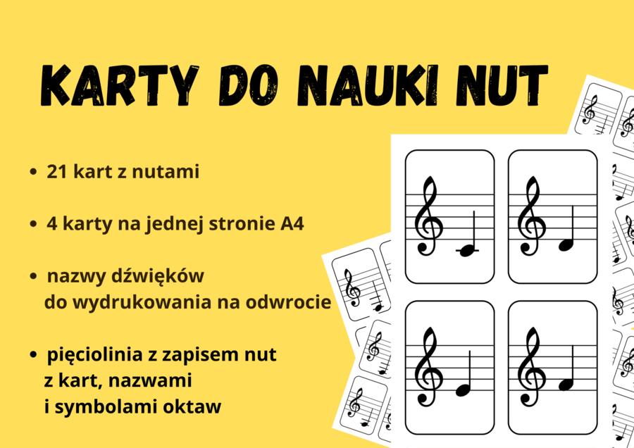 Muzyka. Karty do nauki wysokości nut. Klucz wiolinowy, 21 dźwięków.