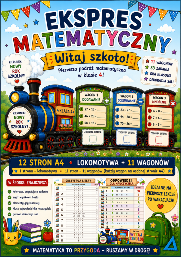 Witaj szkoło! Ekspres Matematyczny – rozszyfruj hasło | 11 wagonów z zadaniami | klasa 4 | pierwsza lekcja matematyki | dekoracja sali