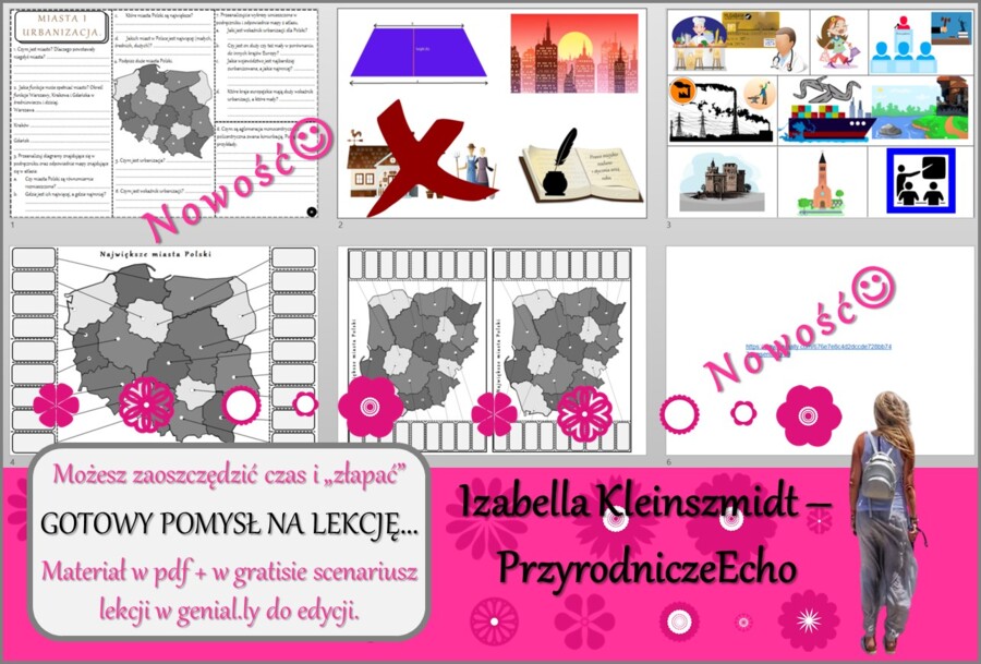 Pomysł na lekcję/karta pracy/stacje zadaniowe/ notatki/ materiał do lekcji do tematu „MIASTA I URBANIZACJA.” w pdf. W gratisie niekomercyjny scenariusz lekcji/pomysł na lekcję w programie genial.ly do edycji. Geografia 7. Dział „Ludność i urbanizacja”. N