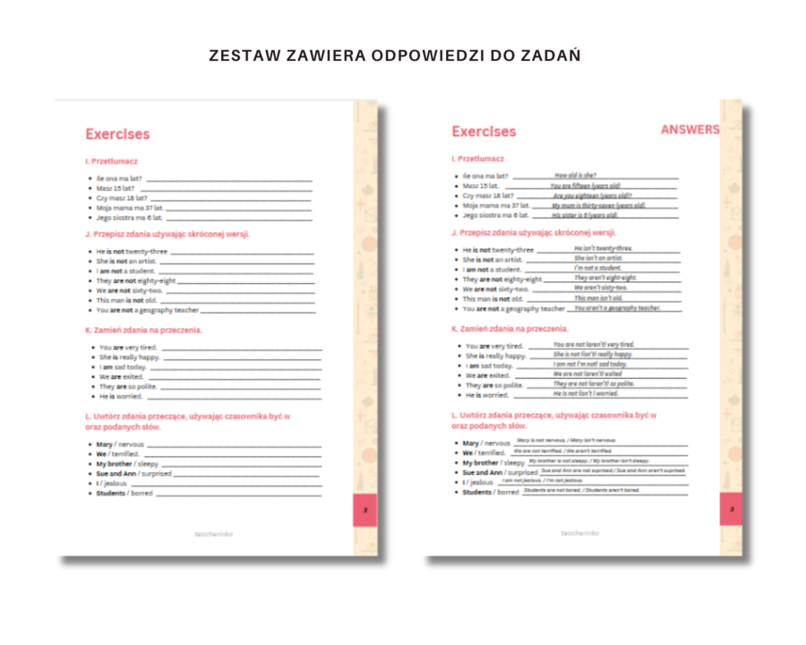 Czasownik BE - odmiana, zdania twierdzące, przeczenia, pytania, krótkie odpowiedzi - ćwiczenia, karty pracy