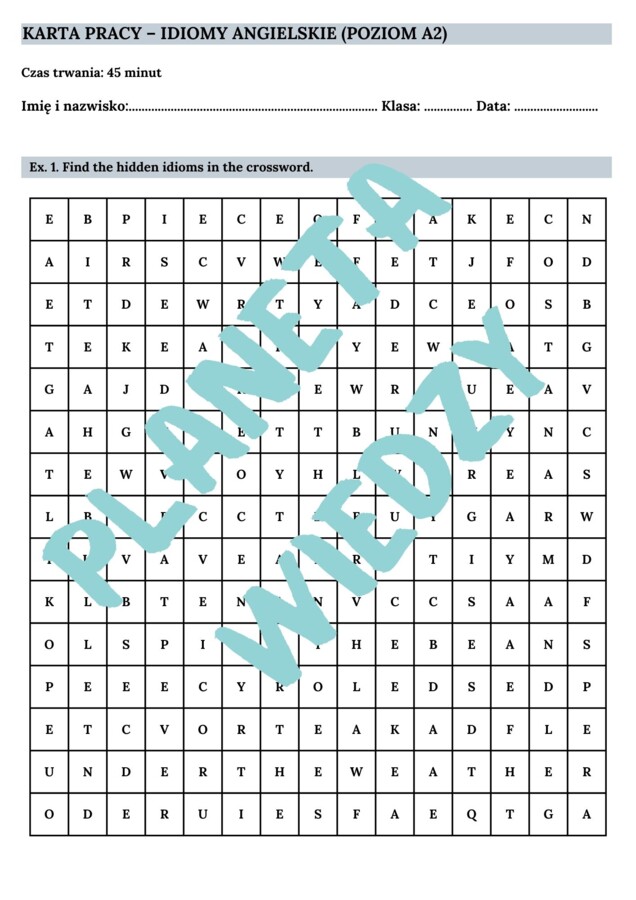 Najpopularniejsze angielskie idiomy – Karta pracy dla uczniów, Ćwiczenia zwrotów - język angielski, (poziom A2, szkoła podstawowa), PDF do druku