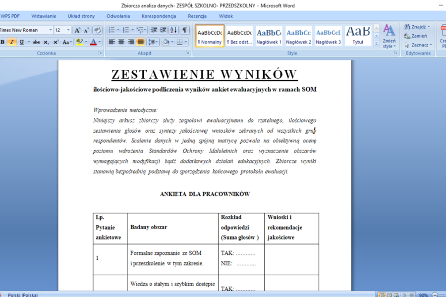 Ewaluacja Standardów Ochrony Małoletnich w przedszkolu/ szkole; raport