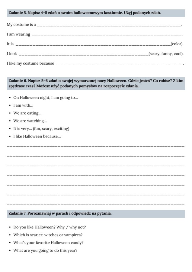 🎃👻KARTA PRACY – HALLOWEEN 🎃👻- KLASY 1-3 SZKOŁY PODSTAWOWEJ- WYKREŚLANKA, OBRAZKI, OPISZ SWOJE HALLOWEEN I KOSTIUM, CZYTANIE TEKSTU, SPEAKING + ODPOWIEDZI