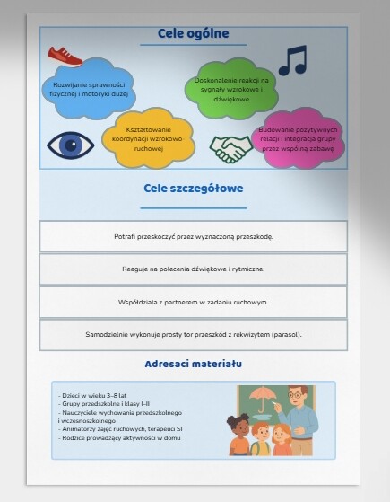 Zabawy ruchowe w sali: „Skacz po kałużach” (z niebieskich kartek), tor przeszkód z parasolem