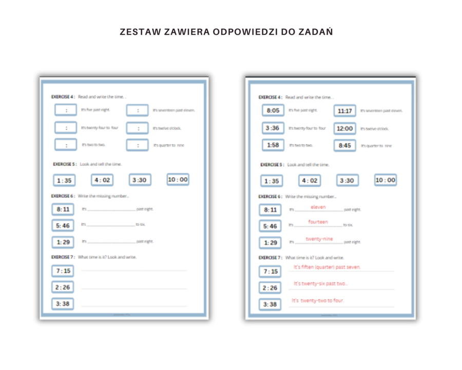 Telling the time - godziny po angielsku, podawanie czasu, karty pracy, ćwiczenia, zegar analogowy i cyfrowy, pełen zakres minutowy, czas na świecie, CLIL, liczby 1-30