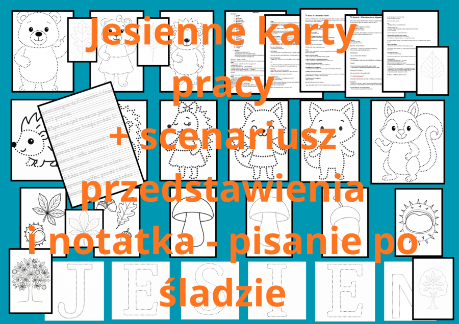 36 jesiennych kart pracy - grafomotoryka, terapia ręki + scenariusz jesiennego przedstawienia i notatka o jesieni do pisania po śladach