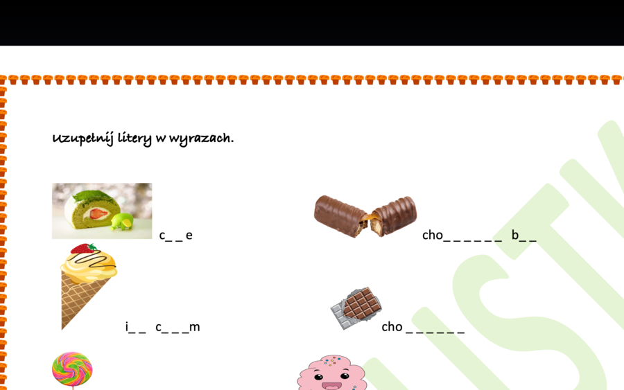 Słodkości po angielsku - słówka do uzupełnienia z kluczem Tłusty Czwartek