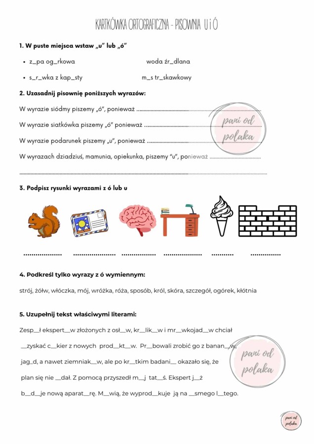 Kartkówka ortograficzna - ó i u, klasa 4