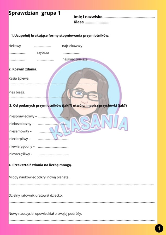 Gramatyka 3 - sprawdzian/karta pracy