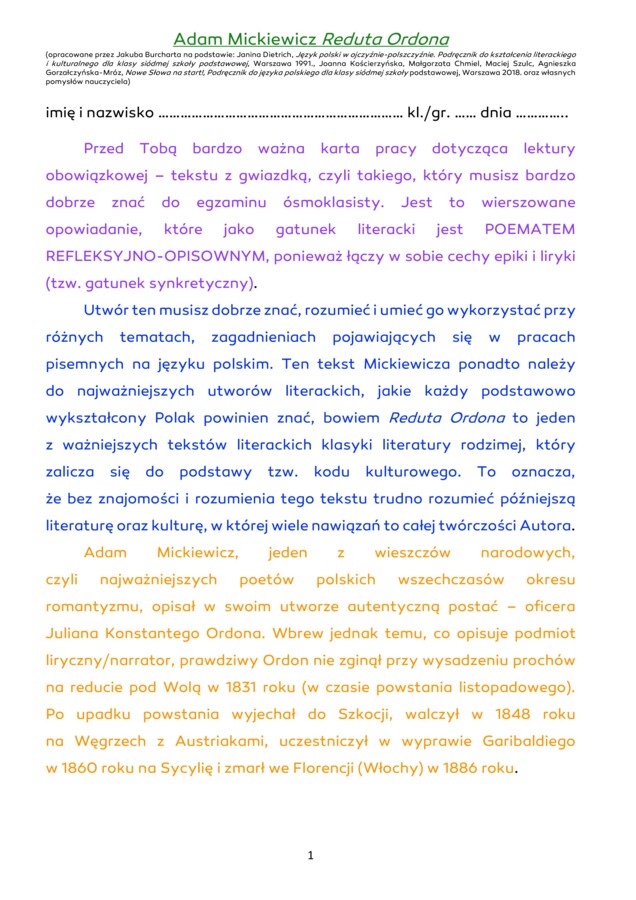 "Reduta Ordona" Adama Mickiewicza, karta pracy