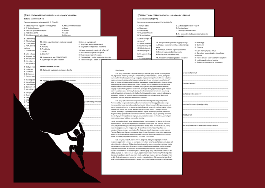🧠 Test - CZYTANIE ZE ZROZUMIENIEM - 2 grupy – 🌟MIT O SYZYFIE - mitologia – klasa 5–6 + odpowiedzi