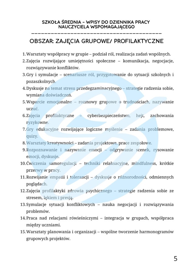 Nauczyciel wspomagający w szkole średniej – przykładowe wpisy do dziennika