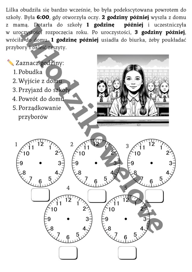 Czas i zegar- czytanie ze zrozumieniem, uzupełnianie