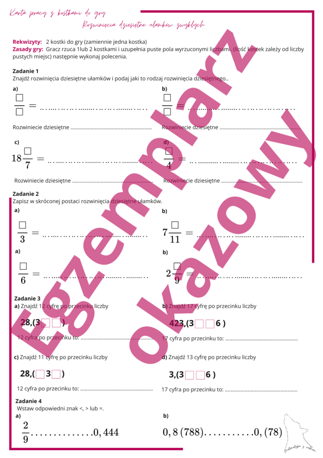 Rozwinięcia dziesiętne karta pracy z kostkami do gry