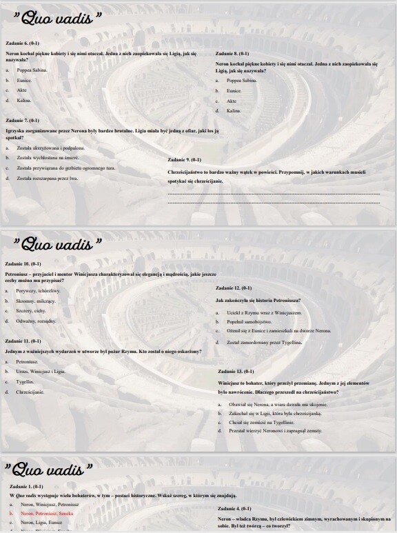 Test wprowadzający/powtórzeniowy z lektury "Quo vadis"
