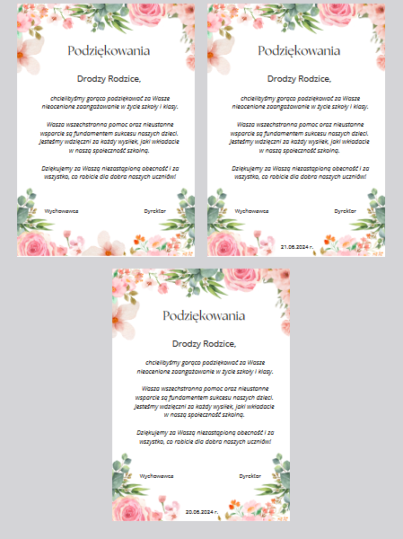 Podziękowania dla Rodziców - zakończenie roku szkolnego