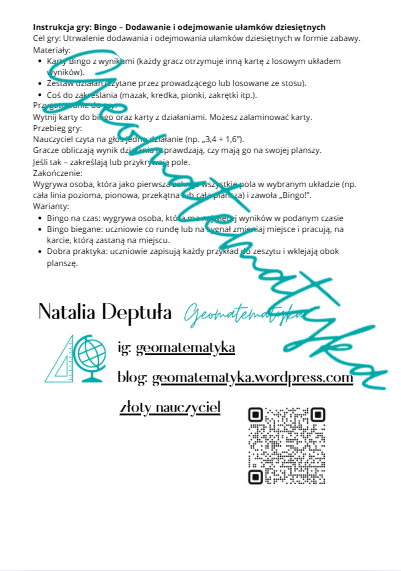 Bingo "Dodawanie i odejmowanie ułamków dziesiętnych"