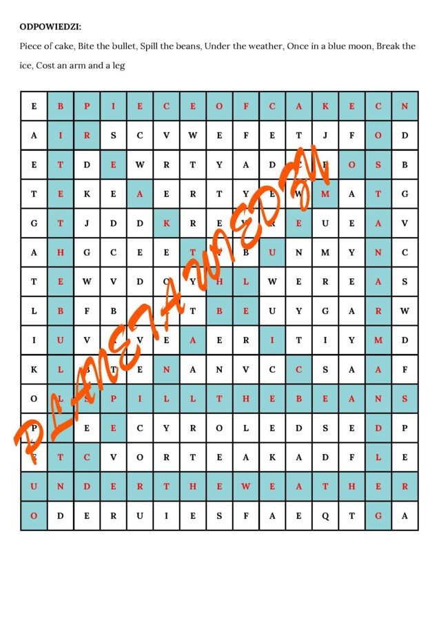 Wykreślanka - Najpopularniejsze Angielskie Idiomy poziom A2 – PDF do druku + Klucz Odpowiedzi