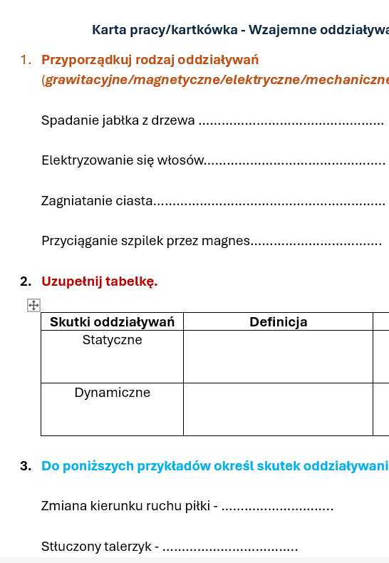Karta pracy/kartkówka Wzajemne oddziaływanie ciał.