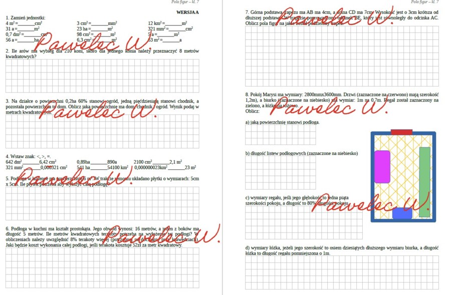 POLA FIGUR, zamiana jednostek - karta pracy, sprawdzian - kl. 7, dwie grupy/wersje + odpowiedzi