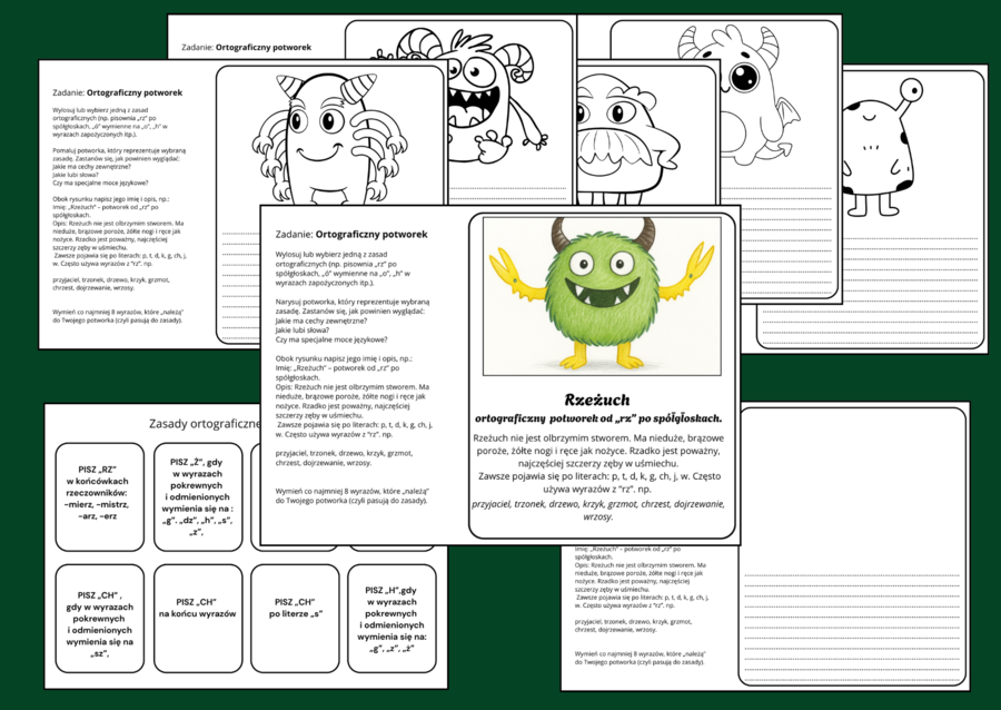 ORTOGRAFICZNY POTWOREK - karty pracy - karta pracy - zasady ortograficzne - ORTOGRAFIA - ćwiczenia redakcyjne - opis - 21 szt.