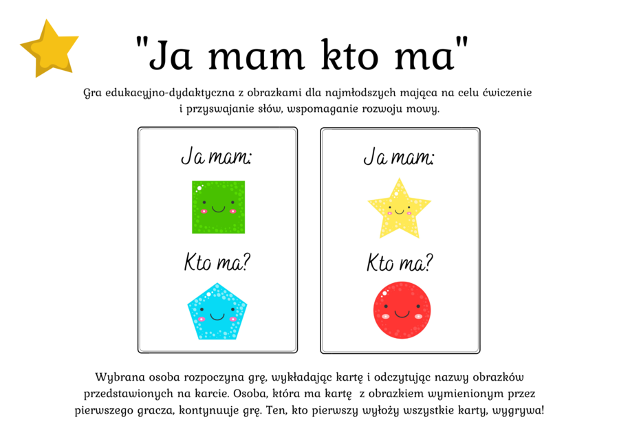 Gra dydaktyczna "Ja mam kto ma" ♦️Figury geometryczne i kształty 12 kart - 3 zł
