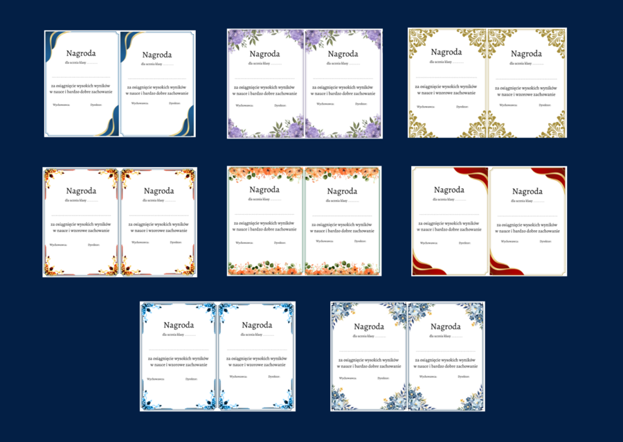 NAGRODA - wkładka do książki - dyplom - dyplomy - 8 wersji - zakończenie roku szkolnego
