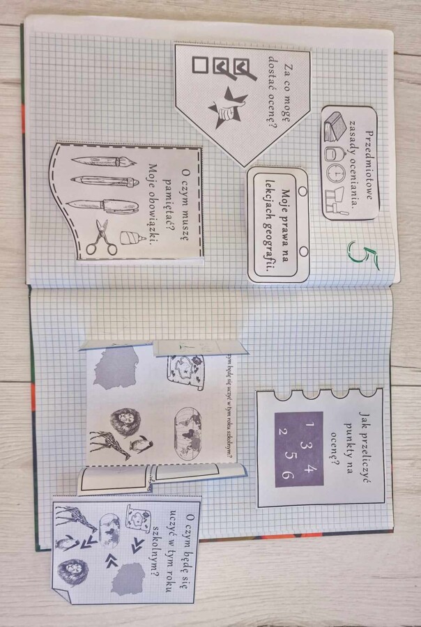 Przedmiotowe zasady oceniania (PZO) z geografii (klasa 5). Interaktywna notatka do wycinania, zginania i wypełniania przez ucznia.