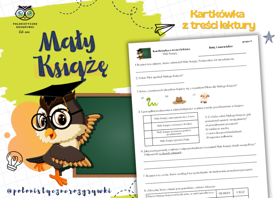 Mały Książę. Kartkówka z treści lektury. Lektura obowiązkowa