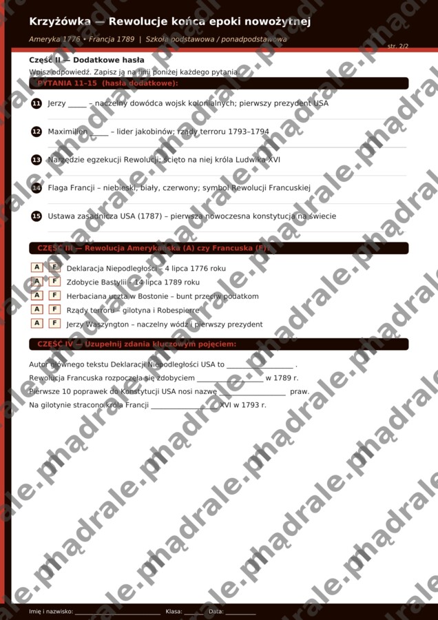 Krzyżówka „Rewolucje końca epoki nowożytnej” + klucz odpowiedzi
